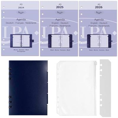 Kalpa Agenda 2024 2025 2026 A5 de 6 anillas, planificadora Einlagen Wöchentlich Komplettset Deutsch Französisch und zusätzliche pestañas, bolsillo con cremallera y dirección