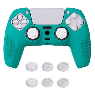 eXtremeRate PlayVital Aqua Green 3D Studded Edition Anti-slip Silicone Cover Skin for ps5 Controller, Soft Rubber Case for ps5 Wireless Controller with 6 White Thumb Grip Caps