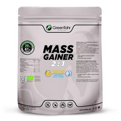 Green Tahr Mass Gainer Vegano Bio. Integratore Carboidrati e Proteine in Polvere per Aumentare Massa Muscolare. Senza Glutine, con Maltodestrine e Vegan Protein. Gusto Banana. 17 Dosi, 1,2 Kg