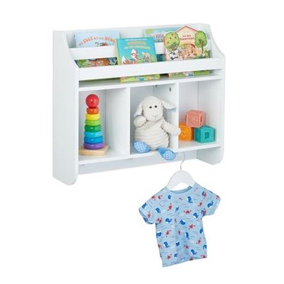 Relaxdays Estantería Infantil de Pared, Librería Niños 5 Estantes, 3 Perchas, 51,5x60x17,5 cm, Mueble Juguetes, Blanco, Tablero de Fibras