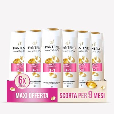 Pantene Pro-V Ricci Perfetti, Shampoo, Balsamo e Trattamento 3 in 250 ml Ricci Crespi e Ribelli, Arricchisce i Capelli con Nutrienti, Senza Olio Minerale, Active Nutri-Plex, Maxi Formato 6x250 ml