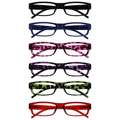 OPULIZE Ace Occhiali da lettura 6 Pack Classic Everyday Narrow Frame Graffio Resistente Primavera Cerniere Nero Uomo Donna RRRRRRRRRR32, Nero/Blu Scuro/Rosa/Viola/Verde/Rosso