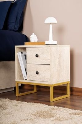 Nachtstand, travertine, goud, 50 x 18 x 5 | Gemaakt van 100% melamine gecoat deeltjesbord, dikte: 18 mm | Perfect voor modern thuiskantoor en studie ruimtes, elegant en functioneel design