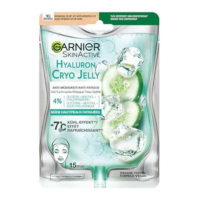 GARNIER Skin Active - Maschera viso in tessuto gelizzato Hyaluron Cryo Jelly - Anti-Fatigue & Effetto rinfrescante - Glicerina, Mentolo & Acido Ialuronico - Vegan & Cruelty Free - Pelli stanchi - x1