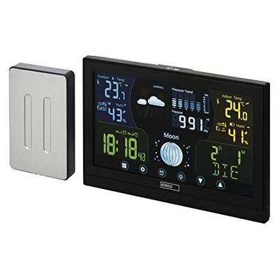 EMOS - Draadloos weerstation met buitensensor - touchscreen kleurendisplay, thermometer, hygrometer, barometer, weersvoorspelling - DCF radioklok - 13 functies - incl. voeding, wand-/tafelhouder