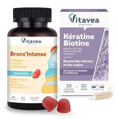 Vitavea - Gummies Solaire Bronz'Intense + Kératine Biotine - Complément alimentaire Soin cheveux et ongles et Bronzage - Double action : Beauté de cheveux et Prépare, Active, Prolonge le bronzage
