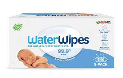 WaterWipes Baby Wipes 9x60 Pack Sensitive Newborn Biodegradable Unscented, 99.9% water (540 Wet Wipes), White (Packaging may vary)