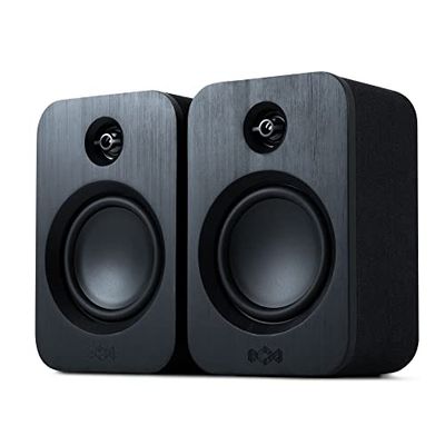 House of Marley Get Together Duo Bluetooth Bookshelf Speakers, Hållbart tillverkade, trådlösa skivspelarhögtalare, nätaggregat eller 25 timmars batteritid, AUX In, Amazon Exclusive Black Edition