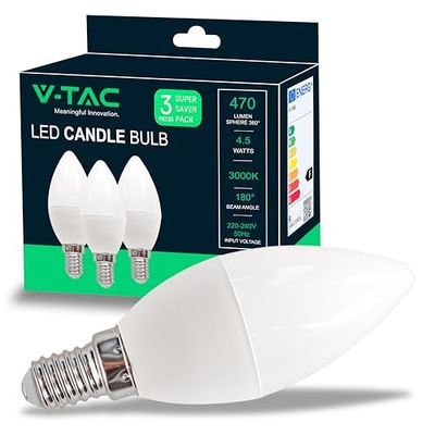 V-TAC Lampadina LED a Candela con Attacco Edison E14, 4,5W (Equivalenti a 45W), Candela, 470 Lumen, Luce Bianca Calda - (Box 3 Pezzi)