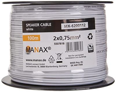 MANAX SC2075 Câble d'enceinte 2x0.75 mm² CCA (Câble d'enceinte/Câble Audio), 2x0,75mm², 100m, Blanc