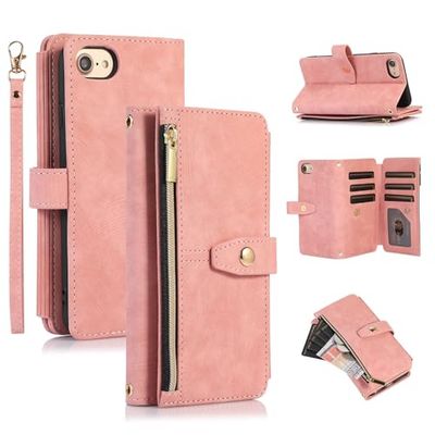 UEEBAI Hoesje voor iPhone 7 Plus/iPhone 8 Plus, 9 kaartsleuven retro lederen portemonnee, schokbestendig, flipcover met polsbandje, ritsvak, standaard, handtas, magnetische sluiting, vintage rood