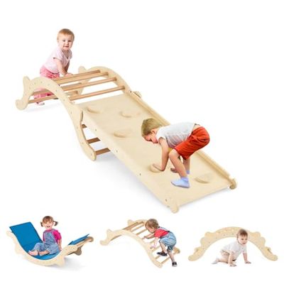 COSTWAY Arco da arrampicata con cuscino, triangolo da arrampicata con scivolo in legno, 3 in 1, struttura da arrampicata per interni, per scivolare, arrampicata e altalena, con rampa e cuscino