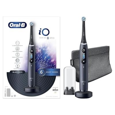 Oral-B iO Series 8s Brosse à Dents Électrique Rechargeable avec 1 Manche Intelligence Artificielle, Noir, 1 Brossette et 1 Pochette Magnétique, 5 Modes Dont Blancheur et Soin des Gencives