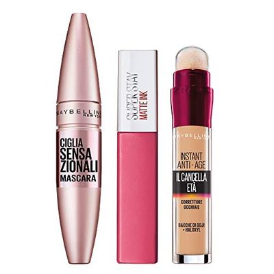 Maybelline New York Kit MakeUp Mascara Volumizzante Allungante Ciglia Sensazionali + Correttore Multi-Uso il Cancella Età 01 Light + Tinta Labbra a Lunga Durata, Matte Ink 15 Lover