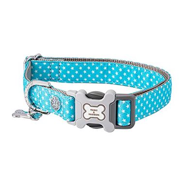HUGO & HUDSON Collar de Perro de Nailon con Hebilla de Hueso de Seguridad de liberación rápida - Collar de Mascota Suave y cómodo - Estrella Turquesa - XS