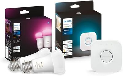Philips Hue White and Col. Amb. E27 2 Pack 800lm + Hue Bridge