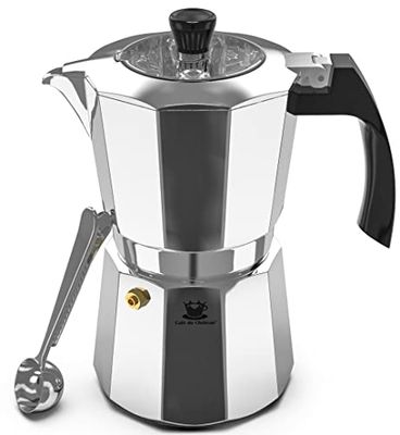 Cafe Du Chateau Espresso Maker (6 kopjes) Transparant Top Deksel, Hoogglans Finish, Gratis Koffie Clip Lepel