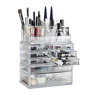 Relaxdays make-up organizer, met 8 lades, stapelbaar, acryl, 16 vakken, lippenstifthouder, opbergsysteem, transparant