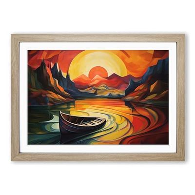 Boat on a Lake Abstract Framed Wall Art Print, Ready to Hang Picture for Living Room Bedroom Home Office, Oak A2 (66 x 48 cm)