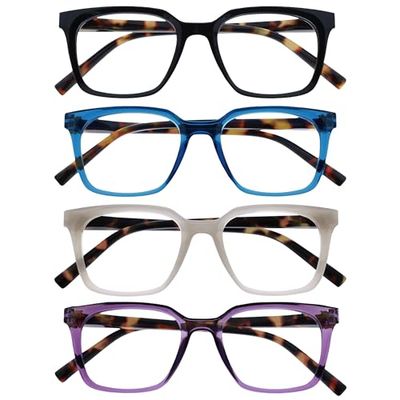 OPULIZE KOI Reading Glasses 4 Pack - Large Rectangular Frame - Black-Blue-Purple-Grey - Mens Womens- Spring Hinges - RRRR50-1357 - +2.50