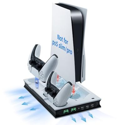 Mcbazel Koelstandaard-lader voor PS5, verticale koelstandaard, led-koelstation, usb, met dual-controller-lader, voor PS5 UHD/Digital Edition - wit/zwart(Niet voor PS5 Slim/Pro)