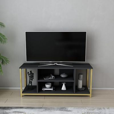 Hanah Home Glam Tv-standaard, antraciet en goud, 120 x 35 x 50,8 cm, 100% melamine gecoat deeltjesbord, 18 mm dik, stevig metalen frame, stijlvol en functioneel design voor moderne woonruimtes