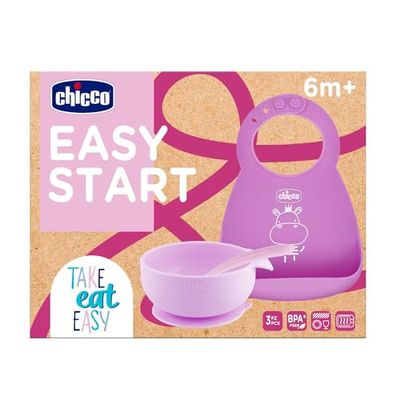 Chicco Silikonnäringsset för bebisar halkfri, 3-delat vävset med styv Easy Roll-haklapp, Easy Bowl-tallrik och sked, 6M+, rosa, BPA-fri