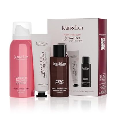 Jean & Len Kit de Voyage Pivoine et Litchi, avec Produits pour Le Corps et l’Esprit, Petit Cadeau ou Attention, Boîte Certifiée FSC, Format Voyage, Végan