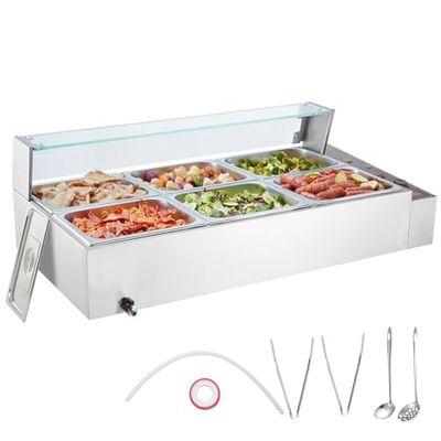 VEVOR Calentador de Alimentos Comercial de 6 Sartenes con Cubierta de Vidrio, 1500 W, Encimera de Acero Inoxidable, Control Temperatura 30-85 °C para Catering, Restaurantes, Plata, 1113 x 610 x 382 mm