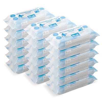 by Amazon Ultra Sensitive Baby Wipes, 100% Plant Based Fibres, 1080 Wipes, Unscented, 18 Pack of 60, (Previously a Mama Bear brand, same product)
