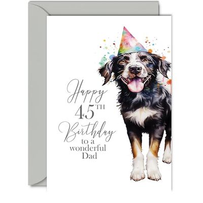 45th Birthday Cards for Dad - Party Dog - Happy Birthday Card for 45 Year Old Dad from Daughter Son, A5 Bday Man Men Him Greeting Cards Gift for Dad Birthday Gifts