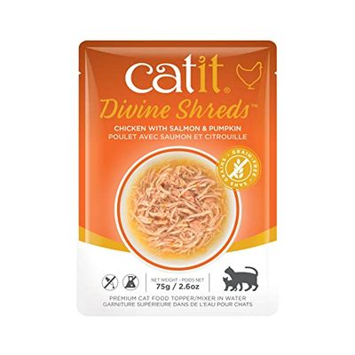 Catit Divine Shreds Cibo per gatti Premium, topping per cibo secco, con carne di pollo, con salmone e zucca, 1 confezione, 75 g