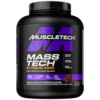 MuscleTech MassTech Extreme Protein Powder, Weight & Muscle Mass Gainer, Whey Mass Protein Powder With 3g Creatine, 80g Protein, 2,274 Calories, 2.72kg, Triple Chocolate