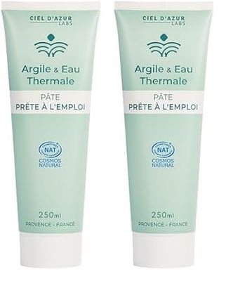 Ciel d'Azur Labs - Pâte d'Argile Verte à l'Eau Thermale - Prête à l'Emploi, Idéale pour Cataplasme - Riche en Sels Minéraux et Oligo-Éléments - Certifié Naturel Cosmos Natural - Tube 250ml (Lot de 2)