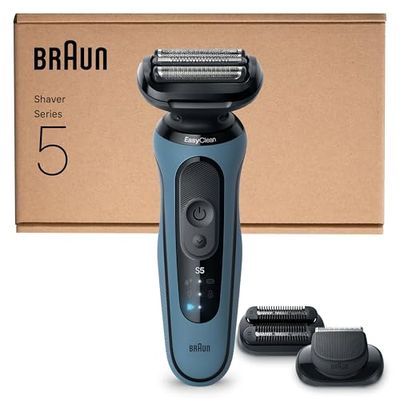 Braun Series 5 Electric Shaver, Up to 50 min, +2 Attachments, Cordless, Wet & Dry Razor for Men, 100% Waterproof, 52-A1820SI, Azure