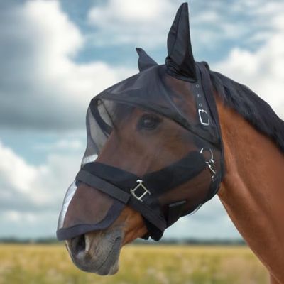 PFIFF 103125 Big Eye Masque Anti-Mouches avec Protection UV, Protection nasale Amovible, Anti-Insectes, Respirant, Noir Poney
