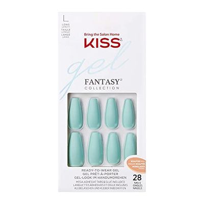 KISS Gel Fantasy Collection, Back It Up, Long Length Teal Sculpted Gel Nails, Includes 28 False Nails, Nail Glue, Nail File, and Manicure Stick
