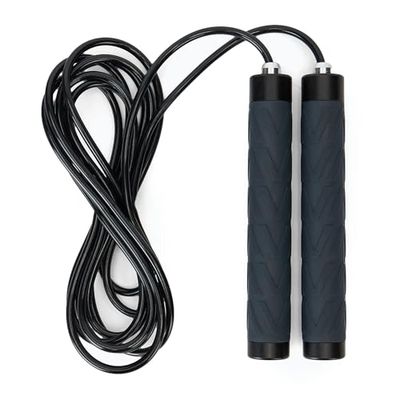 TREXO Cuerda de saltar Advanced en negro con longitudes ajustables de hasta 275 cm, fabricada en silicona y acero, cuerda de saltar con mango antideslizante, compacta y duradera, ideal para
