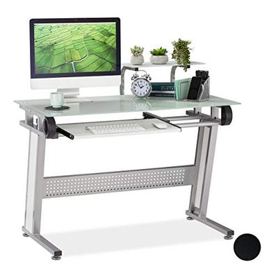 Relaxdays PC bureau, glas, toetsenbordlade, ruimtebesparend, modern design, HBT 94 x 110 x 58 cm, wit