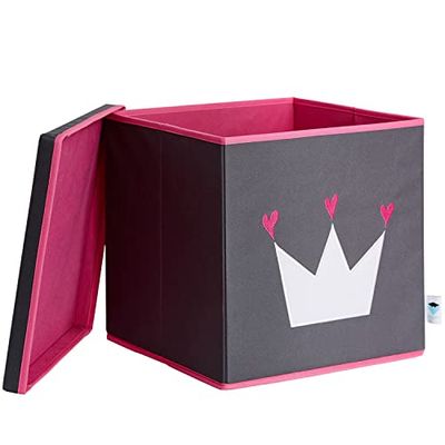 LOVE IT STORE IT - Boîte de Rangement en Tissu Résistant - Pliable avec Couvercle - Renfort Bois - Compatible Kallax - 33x33x33 cm - Gris Motif Couronne