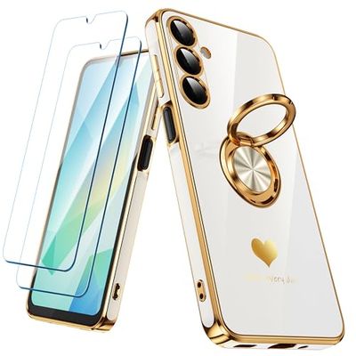 Nonional Custodia per Samsung Galaxy A16 5G con 2 pellicole protettive per lo schermo, supporto ad anello girevole a 360° [motivo cuori di lusso] custodia morbida sottile placcata con bordo dorato per