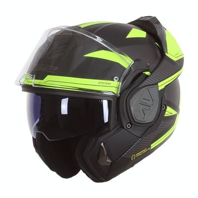 LS2, Advant Modular Flip Front Motorcycle Helmet. ECE 22.06 Certified. Complete With Pinlock and Luxury Camo Backpack Style Carry Bag. REVO MATT BLACK H-V YELLOW - Large