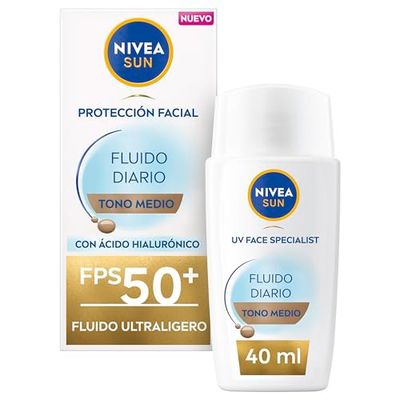 NIVEA SUN Fluido Diario con Color FPS 50+ 40 ml, protector solar facial con Ácido Hialurónico, Licocalcón A y Niacinamida, crema solar facial ultra ligera, protección solar con efecto mate, tono medio