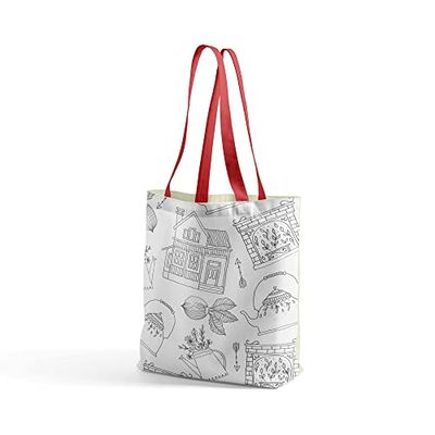 Questo Casa Borsa tote stampata con manici rossi, borsa riutilizzabile per supermercato, borsa per la spesa, lavabile in lavatrice, pieghevole, borsa in tela, dimensioni: 34 x 40 cm, multicolore,