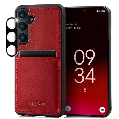 SURAZO Custodia in pelle per Samsung Galaxy S25, con protezione della fotocamera, in vera pelle, con scomparto per carte di credito, anello portachiavi, in vera pelle antiurto (rosso)