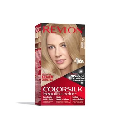 Revlon Colorsilk Beautiful Cor, Coloração empilhar permanente, com queratina e aminoácidos, cor intensa, longa duração, sem amoníaco, resultados naturais, tom 74 loiro médio