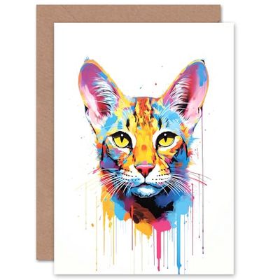 Artery8 Savannah Cat Lover Gift Pet Portrait Orange Blue Pink Artwork Painting Sealed Greeting Card Plus Envelope Blank inside