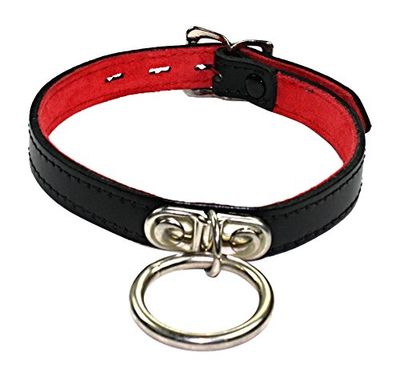Slap Leather 17 mm Large Neck Collar with Ring in Black Leather with Suede Lining