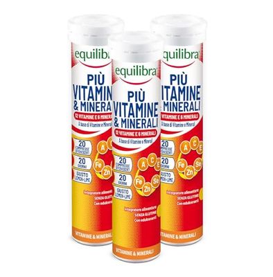 Equilibra Integratori Alimentari, Più Vitamine e Minerali, Integratore Multivitamine con 12 Vitamine e 6 Minerali per Efficienza e Vitalità, Gusto Lemon Lime, 3 Pezzi da 20 Compresse Effervescenti