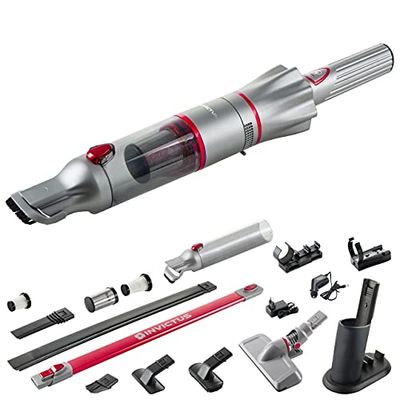 Genius A82126 Invictus One 2.0-Aspiradora de Mano y Suelo (23 Piezas, sin Bolsa e inalámbrica con 13000 PA, Filtro HEPA, batería de Iones de Litio, Juego de cepillos, Soporte de Pared, Rojo